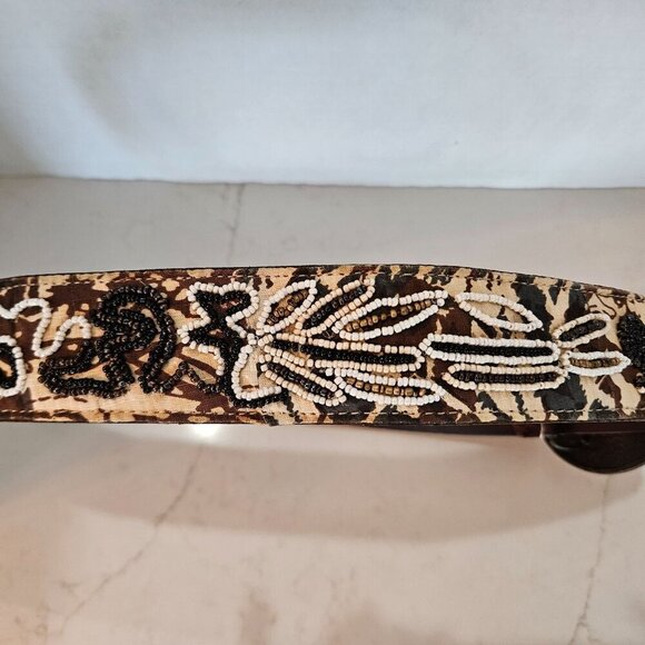 Chicos Small Genuine Leather Belt Aztec Medallion Buckle Brown Beaded - Picture 4 of 15